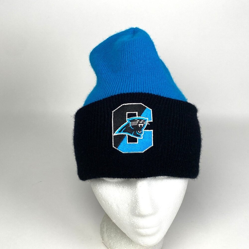 Vintage NFL Carolina Panthers Knit Winter Beanie Hat Cap Blue Black Made in USA